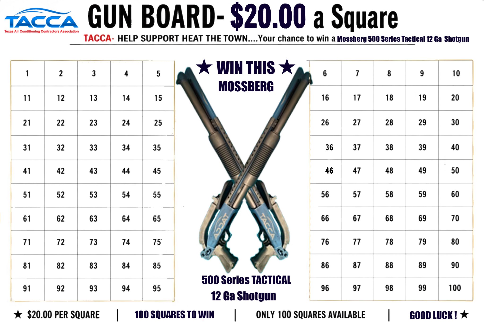 Gun Board — Mossberg 500 Series Tactical 12 Ga Shotgun with custom SP-TACCA logo, 100 squares at $20 per square
